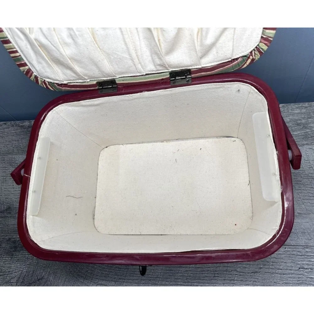 Vintage 70s Sewing Box Carrying Wood Handle Removable Plastic Tray & Extras Lot - Picture 5 of 16
